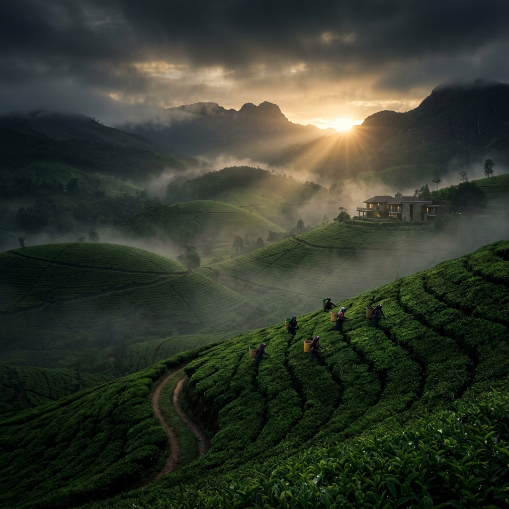 Misty morning light rising over lush emerald Sri Lankan tea estates